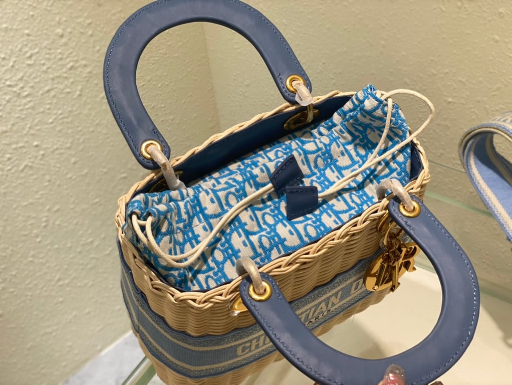 Anum Bags DIR MEDIUM LADY NATURAL WICKER BLUE CORNFLOWER OBLIQUE JACQUARD