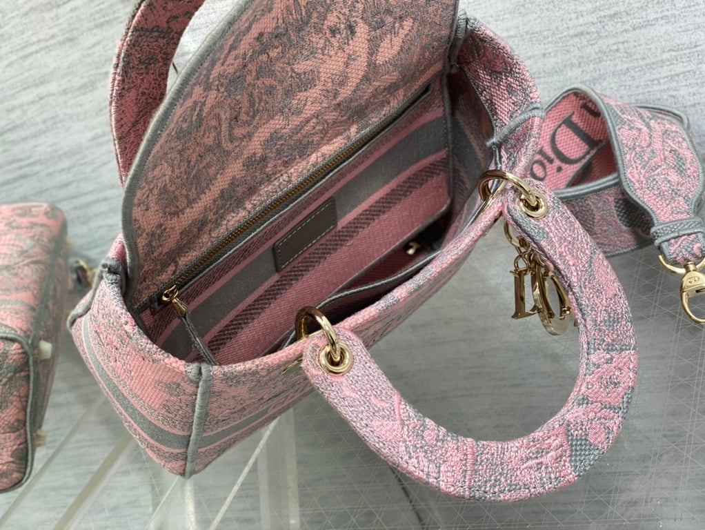 Ezyycart Bags DIR MEDIUM LADY D-LITE BAG PINK AND GRAY TOILE DE JOUY SAUVAGE EMBROIDERY 24CM
