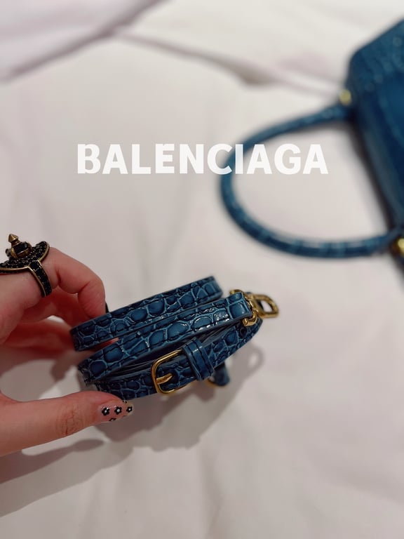Ezyycart Bags BALENCIAGA WOMEN'S HOURGLASS XS HANDBAG CROCODILE EMBOSSED IN FOREST BLUE 24CM