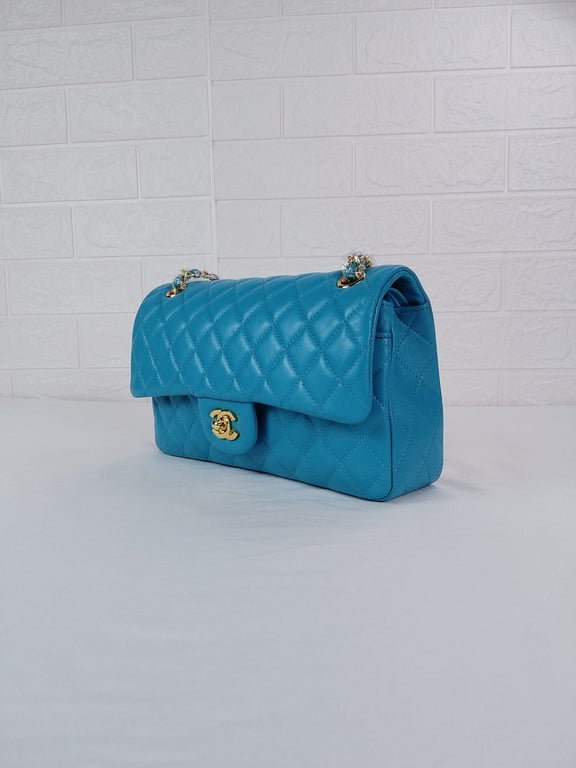 Anum Bags CHL CLASSIC MEDIUM LAMBSKIN FLAP BAG BLUE GOLD 25CM