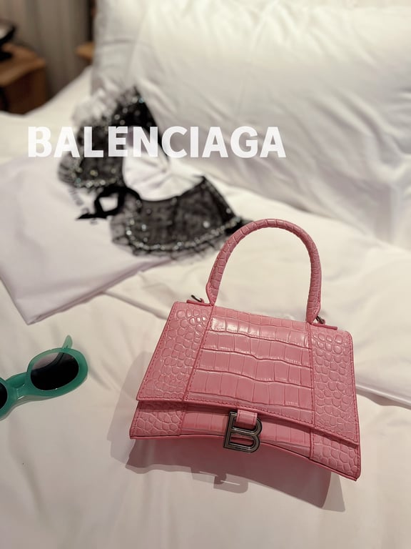 Ezyycart Bags BALENCIAGA WOMEN'S HOURGLASS XS HANDBAG CROCODILE EMBOSSED IN PINK 24CM