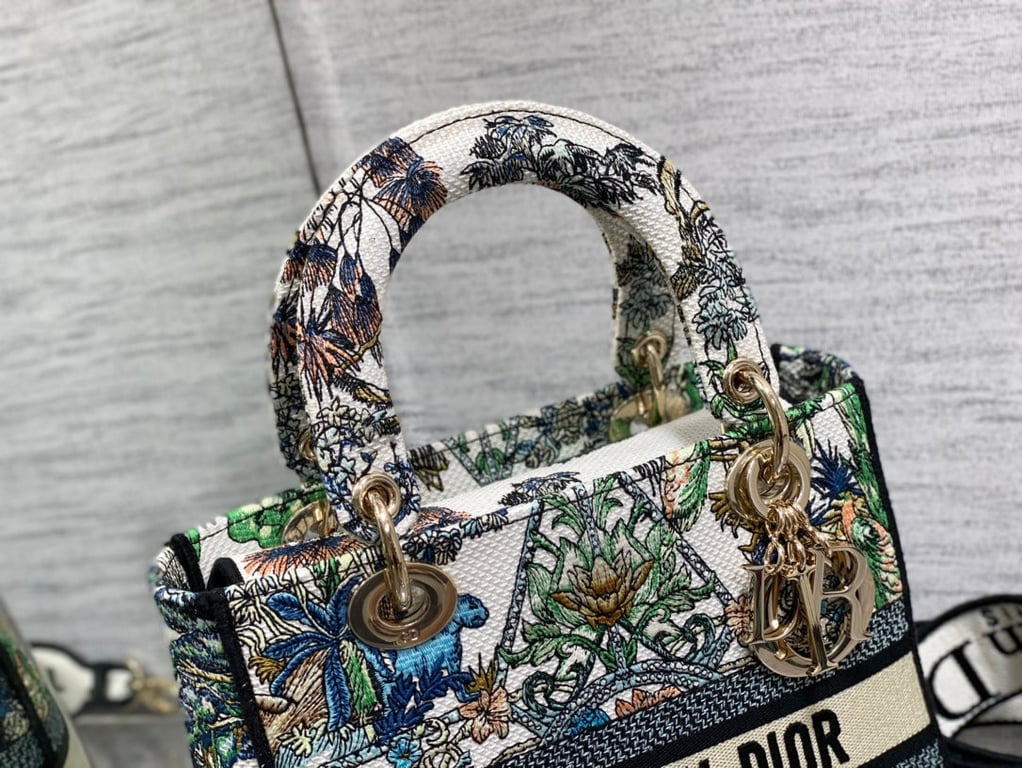 Ezyycart Bags DIR 24CM MEDIUM LADY D-LITE BAG WHITE MULTICOLOR ETOILE DE VOYAGE EMBROIDERY