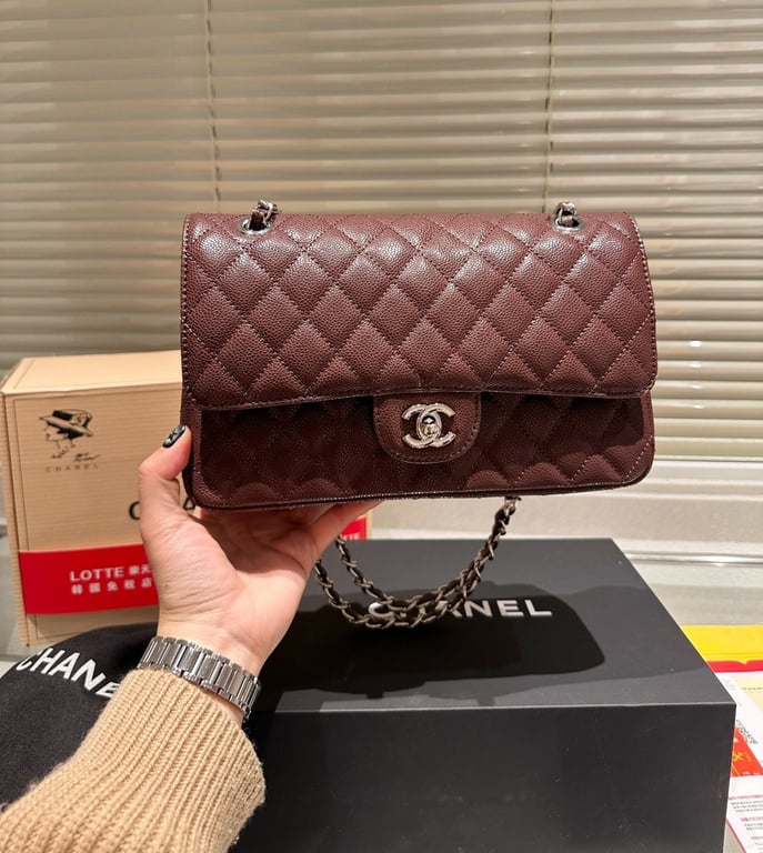 Anum Bags CHL MEDIUM CLASSIC FLAP BAG SILVER HARDWARE BROWN 26CM A01113