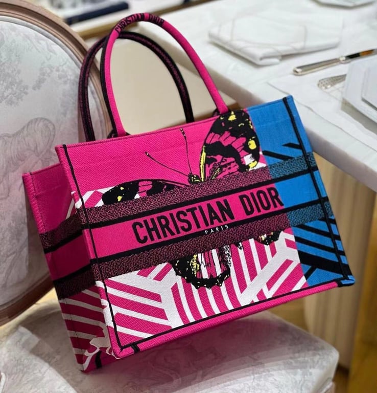 Ezyycart Bags DIR MEDIUM BOOK TOTE BRIGHT BLUE AND BRIGHT PINK D-JUNGLE POP EMBROIDERY 36CM