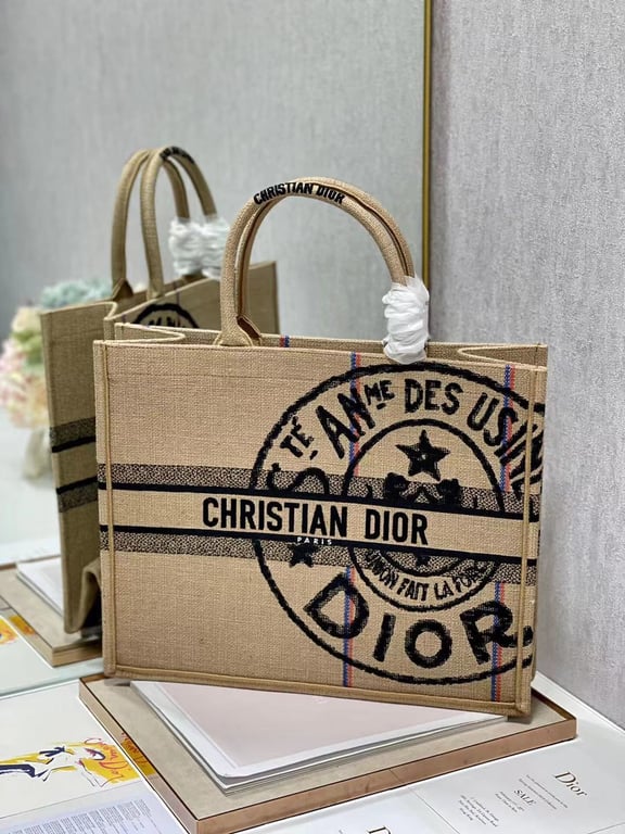 Ezyycart Bags DIR MEDIUM BOOK TOTE BEIGE JUTE CANVAS EMBROIDERED 36CM M1296ZRUW M918