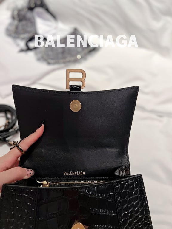 Ezyycart Bags BALENCIAGA WOMEN'S HOURGLASS SMALL HANDBAG CROCODILE EMBOSSED IN BLACK 24CM
