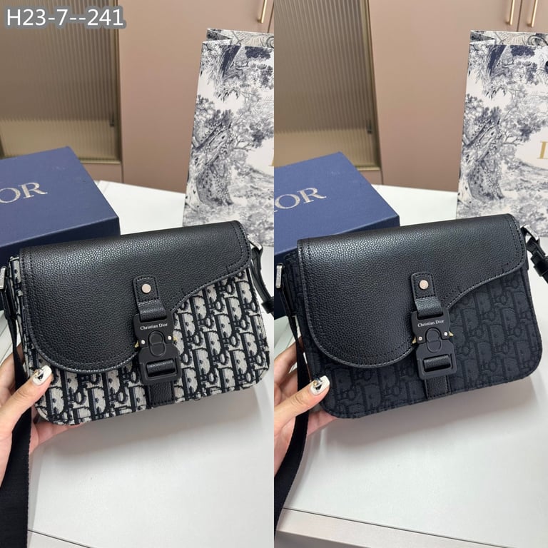 Ezyycart Bags DIR MINI SADDLE BAG WITH STRAP BLACK CD OBLIQUE JACQUARD AND GRAINED CALFSKIN 23CM