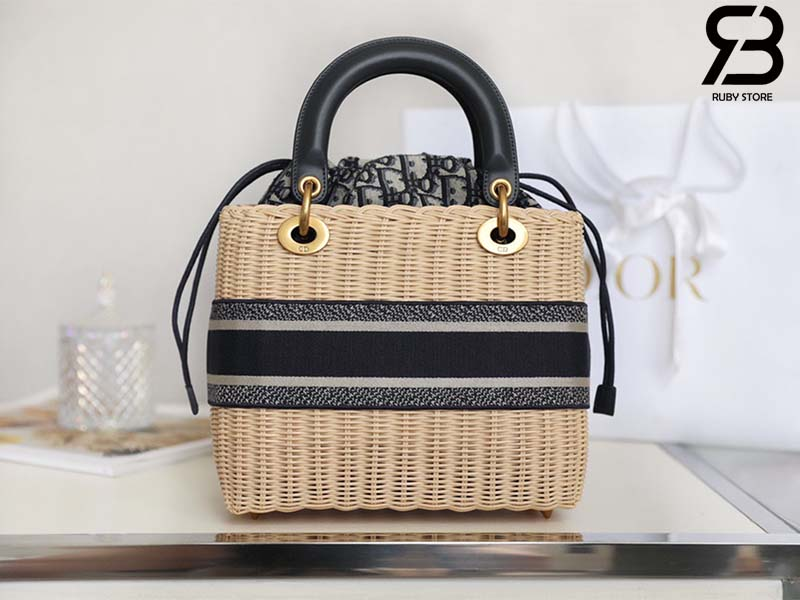 Anum Bags DIR NATURAL WICKER AND BLUE DIR OBLIQUE JACQUARD BAG