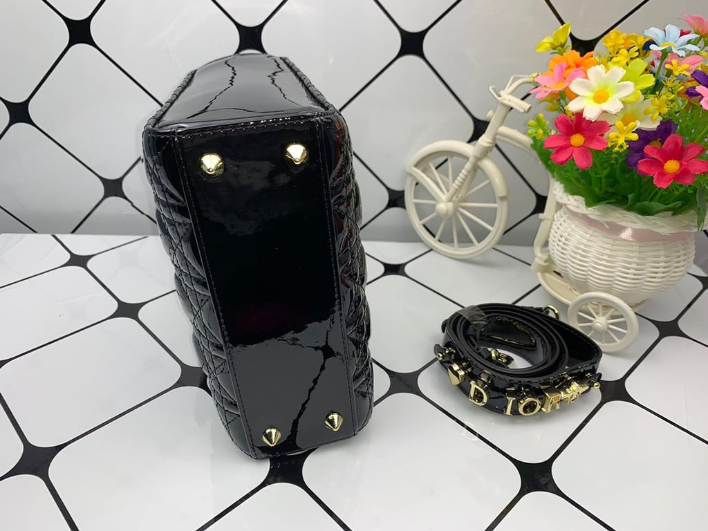Ezyycart Bags DIR MEDIUM LADY BLUSH CANNAGE LAMBSKIN BAG SHINY BLACK 20CM HIGH QUALITY
