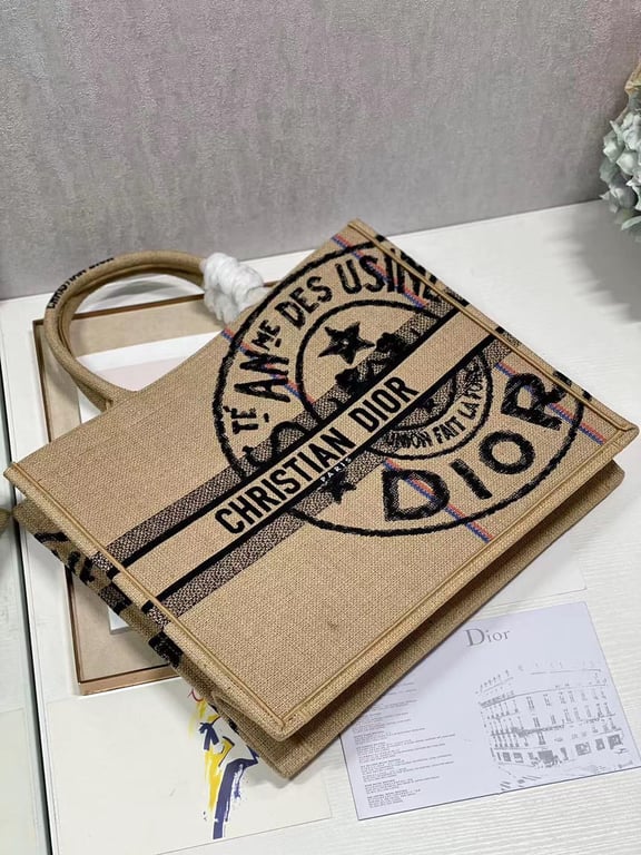 Ezyycart Bags DIR MEDIUM BOOK TOTE BEIGE JUTE CANVAS EMBROIDERED 36CM M1296ZRUW M918