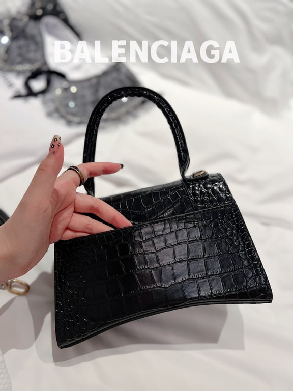 Ezyycart Bags BALENCIAGA WOMEN'S HOURGLASS XS HANDBAG CROCODILE EMBOSSED IN BLACK 24CM