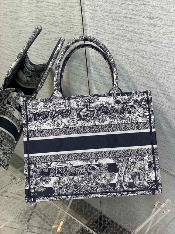 Ezyycart Bags DIR 36CM NAVY BLUE TOILE DE JOUY STRIPES EMBROIDERY MEDIUM BOOK TOTE