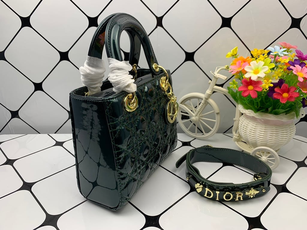 Ezyycart Bags DIR MEDIUM LADY BLUSH CANNAGE LAMBSKIN BAG DARK GREEN 20CM HIGH QUALITY