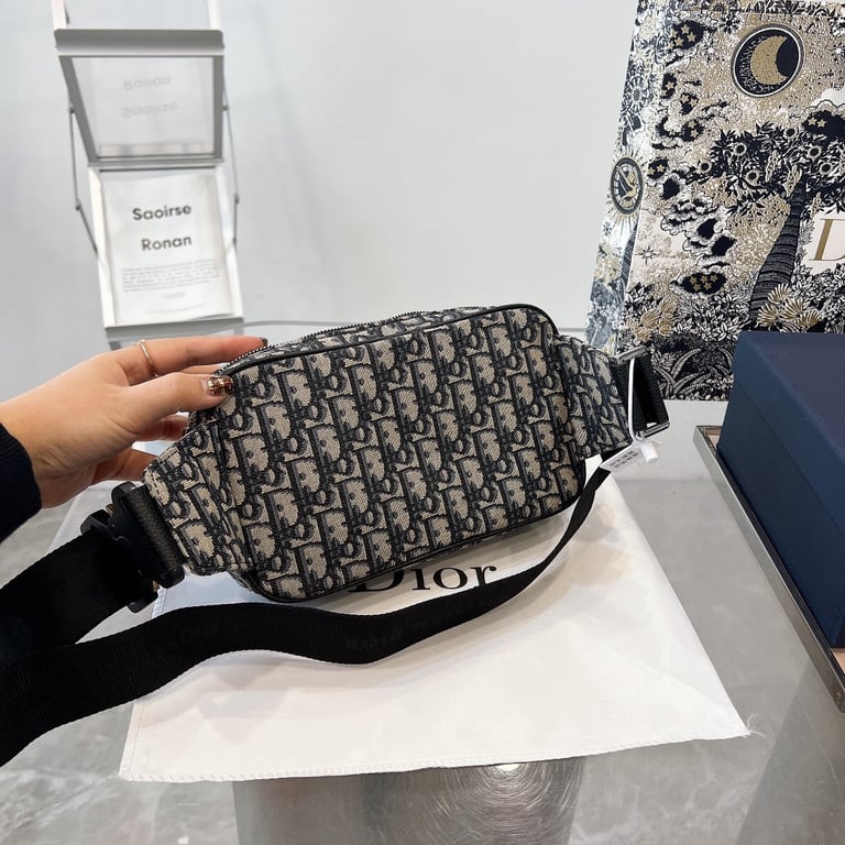 Ezyycart Bags DIR OBLIQUE JACQUARD BLACK AND BEIGE BELT BAG 24CM HIGH QUALITY
