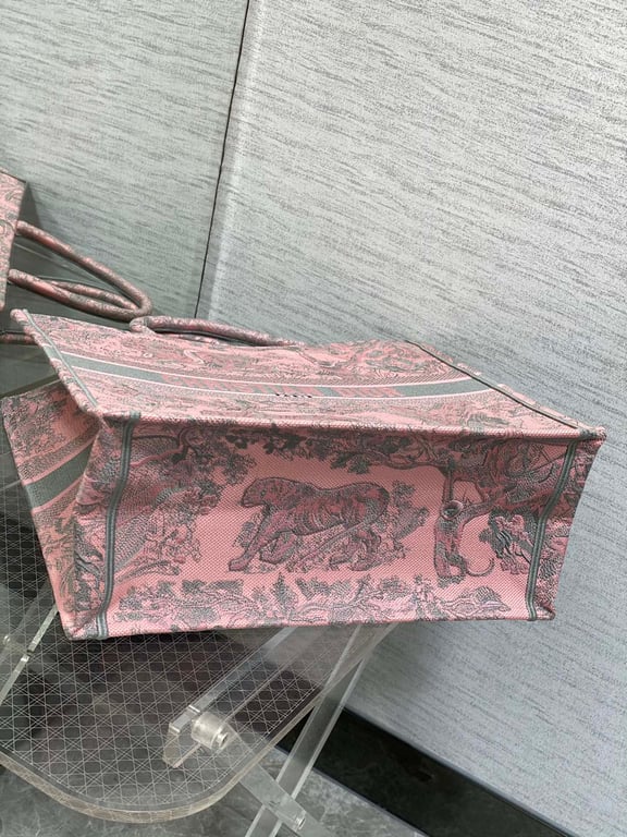 Ezyycart Bags DIR MEDIUM BOOK TOTE PINK AND GRAY TOILE DE JOUY SAUVAGE EMBROIDERY 36CM