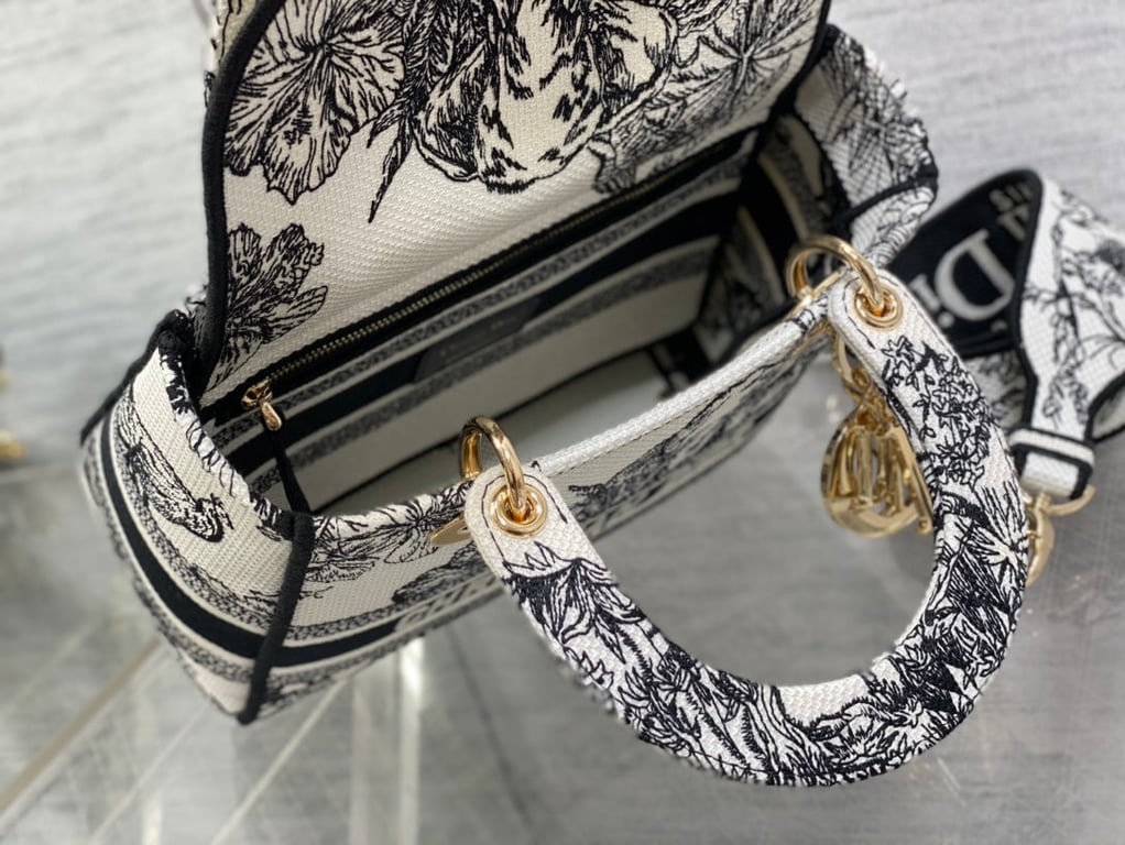 Ezyycart Bags DIR MEDIUM LADY D-LITE BAG WHITE AND BLACK TOILE DE JOUY VOYAGE EMBROIDERY 24CM
