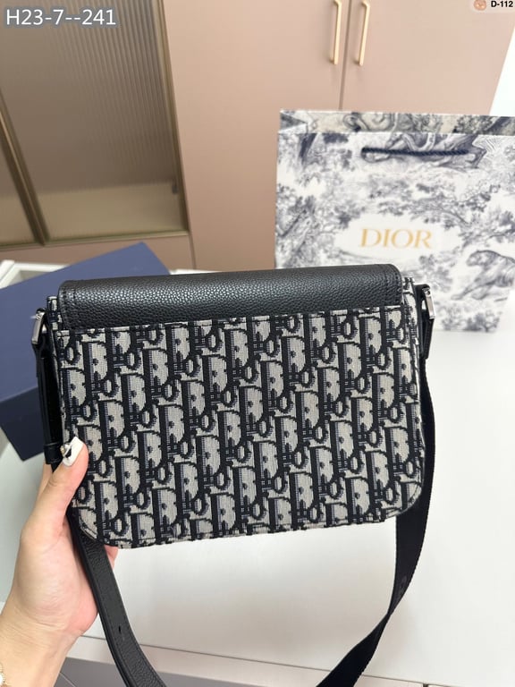 Ezyycart Bags DIR MINI SADDLE BAG WITH STRAP BEIGE AND BLACK CD OBLIQUE JACQUARD AND BLACK GRAINED CALFSKIN 23CM