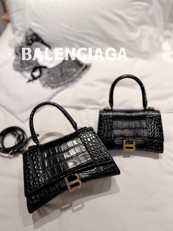 Ezyycart Bags BALENCIAGA WOMEN'S HOURGLASS SMALL HANDBAG CROCODILE EMBOSSED IN BLACK 24CM