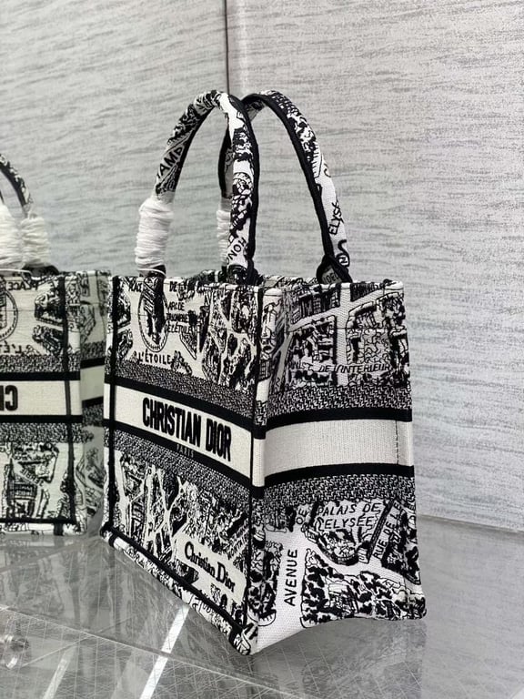 Ezyycart Bags DIR MEDIUM BOOK TOTE WHITE AND BLACK PLAN DE PARIS EMBROIDERY 36CM