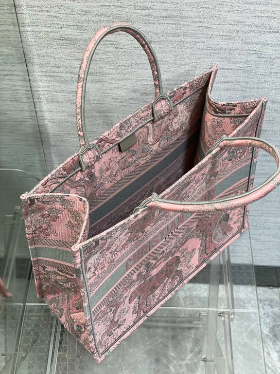Ezyycart Bags DIR MEDIUM BOOK TOTE PINK AND GRAY TOILE DE JOUY SAUVAGE EMBROIDERY 36CM