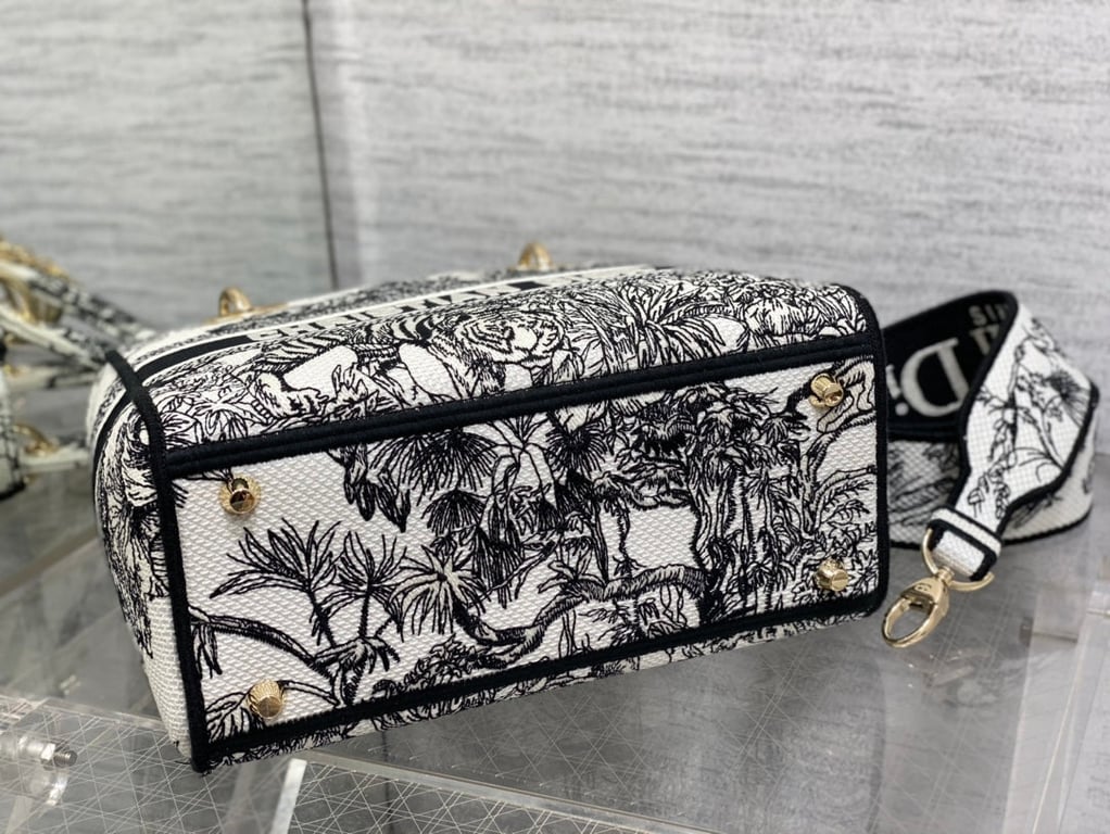 Ezyycart Bags DIR MEDIUM LADY D-LITE BAG WHITE AND BLACK TOILE DE JOUY VOYAGE EMBROIDERY 24CM