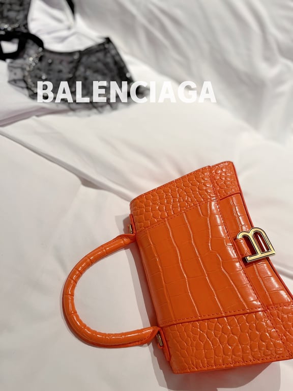 Ezyycart Bags BALENCIAGA WOMEN'S HOURGLASS SMALL HANDBAG CROCODILE EMBOSSED IN ORANGE 24CM