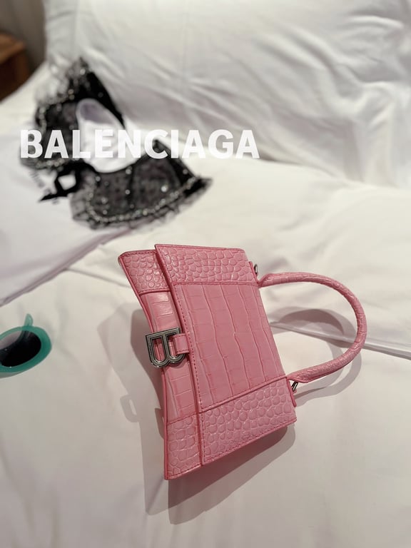 Ezyycart Bags BALENCIAGA WOMEN'S HOURGLASS XS HANDBAG CROCODILE EMBOSSED IN PINK 24CM