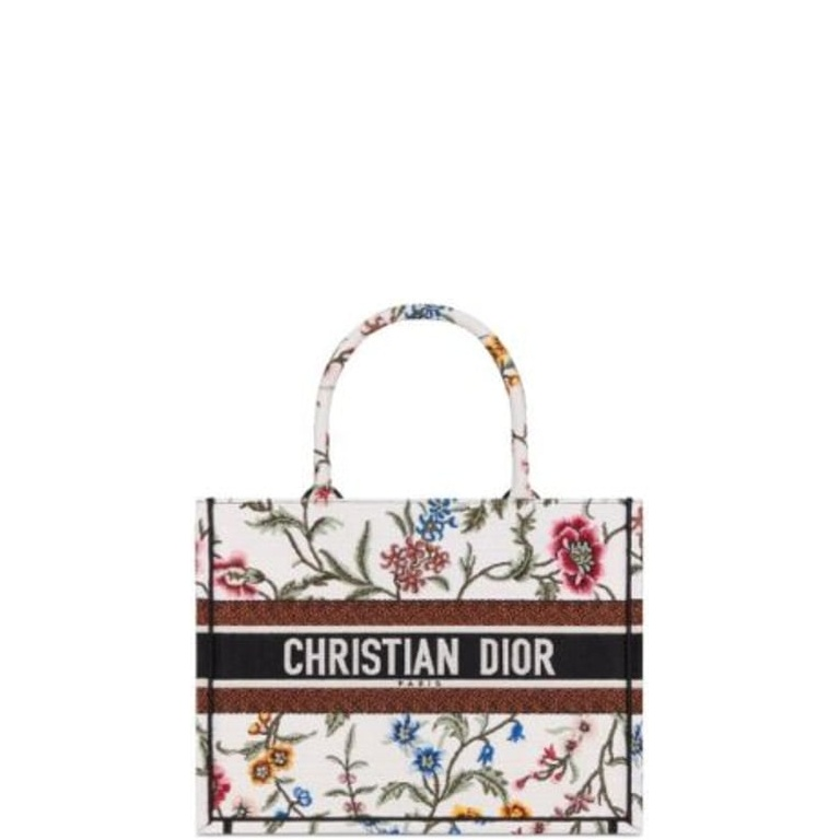Anum Bags DIR 35CM MEDIUM BOOK TOTE WHITE MULTICOLOR PETITES FLEURS EMBROIDERY