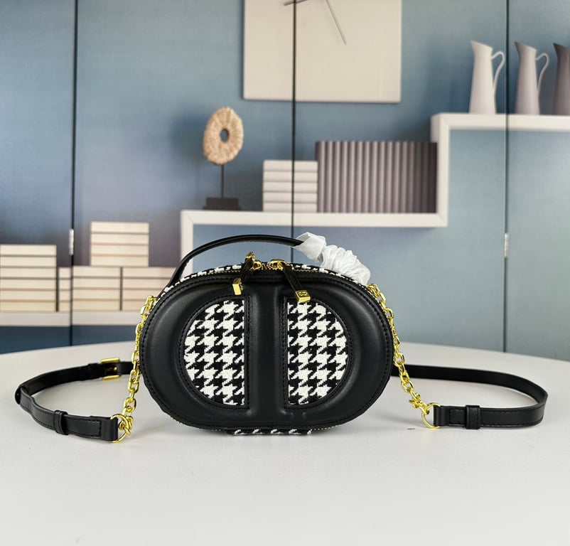 Ezyycart Bags DIR SIGNATURE OVAL CAMERA HOUNDSTOOTH EMBROIDERED BAG BLACK 18CM
