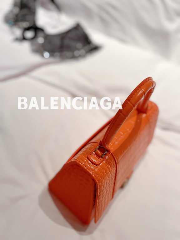 Ezyycart Bags BALENCIAGA WOMEN'S HOURGLASS SMALL HANDBAG CROCODILE EMBOSSED IN ORANGE 24CM