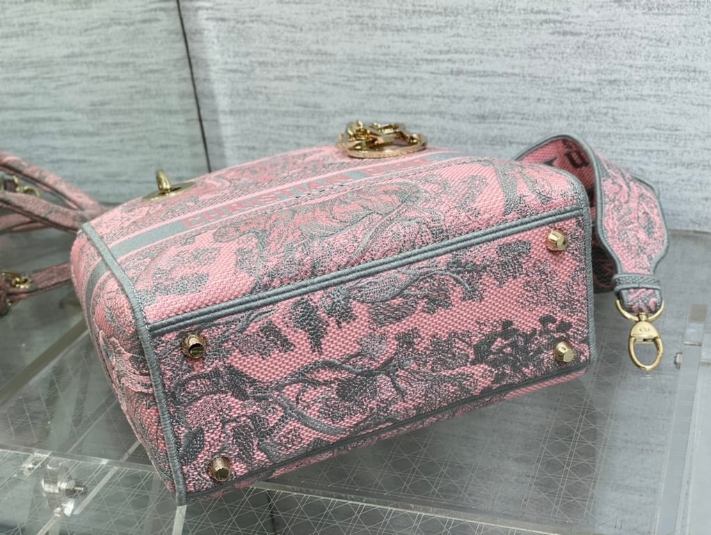 Ezyycart Bags DIR MEDIUM LADY D-LITE BAG PINK AND GRAY TOILE DE JOUY SAUVAGE EMBROIDERY 24CM