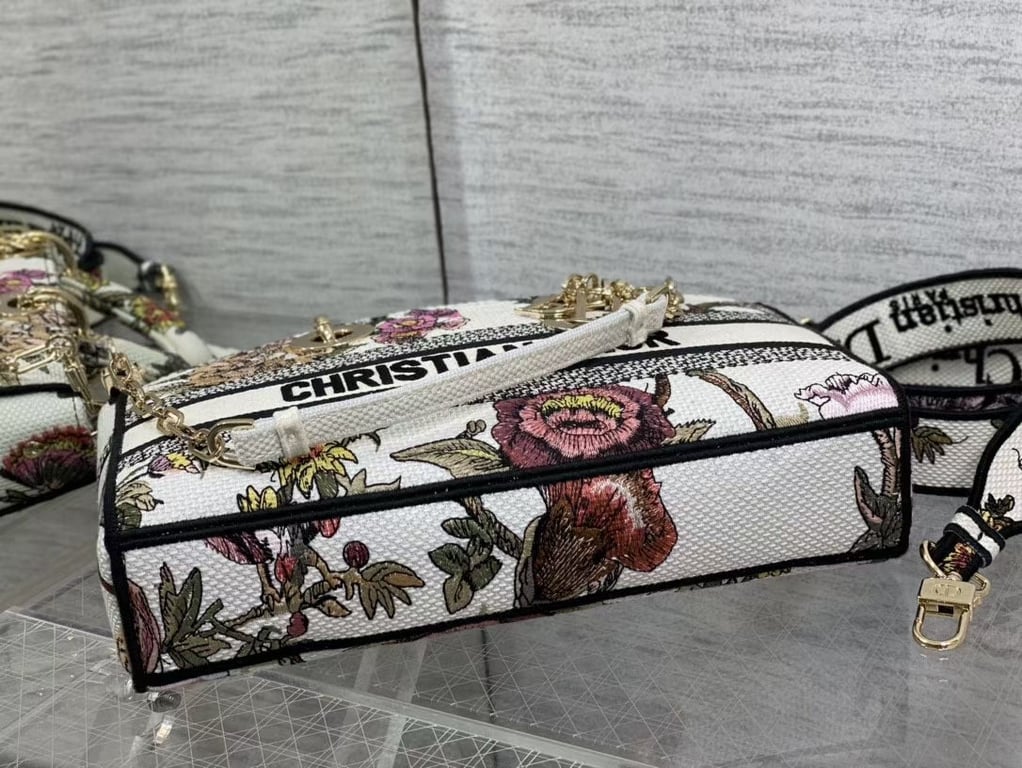 Ezyycart Bags DIR LARGE LADY D-LITE BAG WHITE JARDIN BOTANIQUE EMBROIDERY 26CM