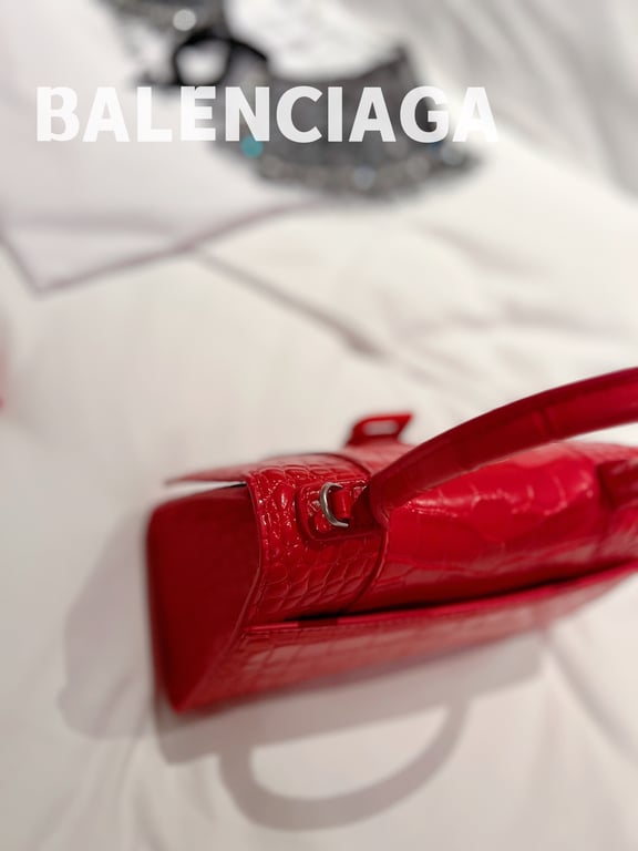 Ezyycart Bags BALENCIAGA WOMEN'S HOURGLASS SMALL HANDBAG CROCODILE EMBOSSED IN RED 24CM