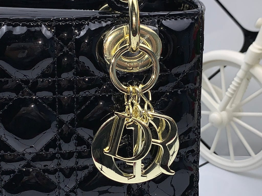 Ezyycart Bags DIR MEDIUM LADY BLUSH CANNAGE LAMBSKIN BAG SHINY BLACK 20CM HIGH QUALITY