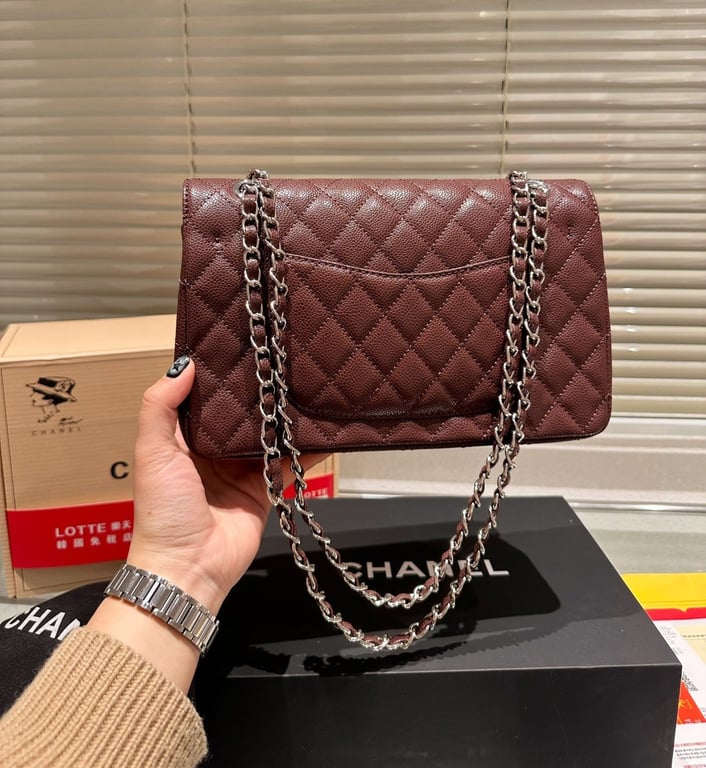 Anum Bags CHL MEDIUM CLASSIC FLAP BAG SILVER HARDWARE BROWN 26CM A01113