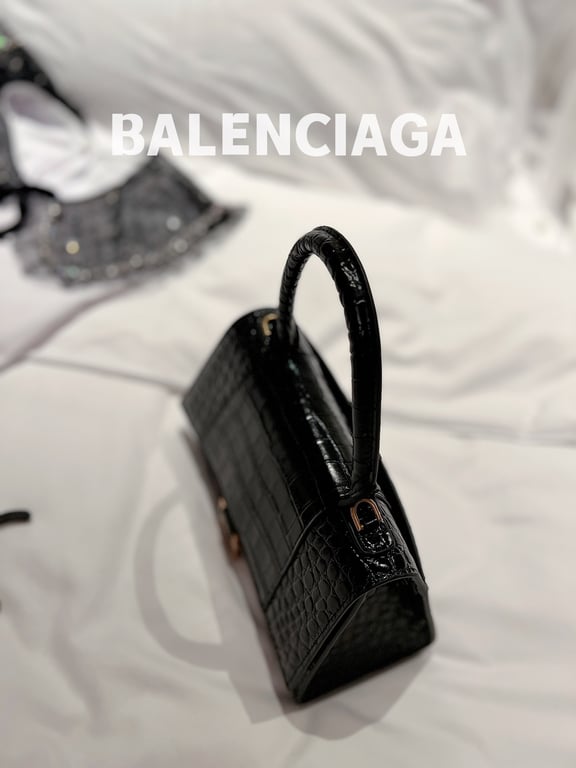 Ezyycart Bags BALENCIAGA WOMEN'S HOURGLASS SMALL HANDBAG CROCODILE EMBOSSED IN BLACK 24CM