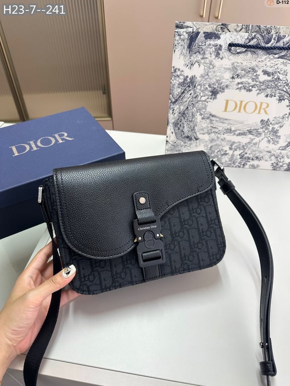 Ezyycart Bags DIR MINI SADDLE BAG WITH STRAP BLACK CD OBLIQUE JACQUARD AND GRAINED CALFSKIN 23CM