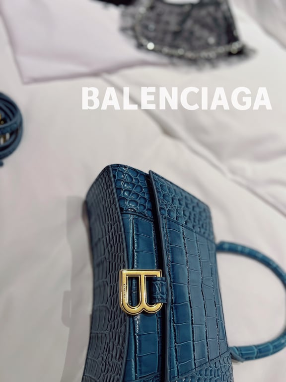 Ezyycart Bags BALENCIAGA WOMEN'S HOURGLASS XS HANDBAG CROCODILE EMBOSSED IN FOREST BLUE 24CM