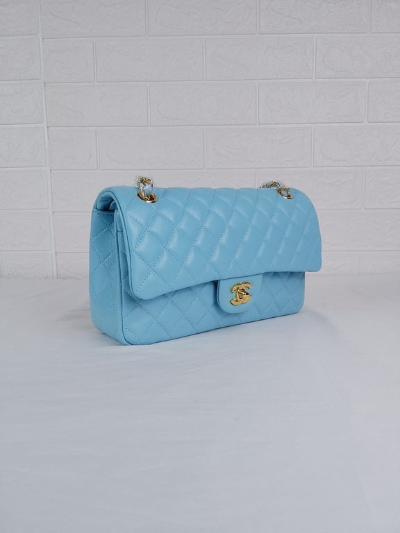 Anum Bags CHL CLASSIC MEDIUM LAMBSKIN FLAP BAG LIGHT BLUE GOLD 25CM