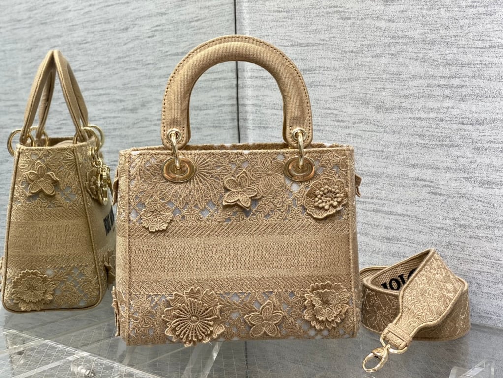 Ezyycart Bags DIR MEDIUM LADY D-LITE BAG BEIGE 3D MACRAME EFFECT 24CM HIGH QUALITY