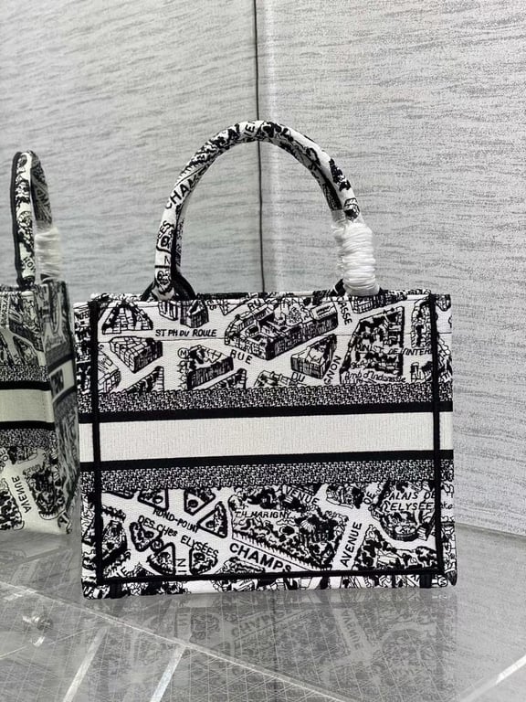 Ezyycart Bags DIR MEDIUM BOOK TOTE WHITE AND BLACK PLAN DE PARIS EMBROIDERY 36CM