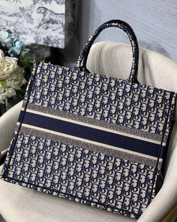 Ezyycart Bags DIR 42CM BLUE OBLIQUE EMBROIDERY LARGE BOOK TOTE