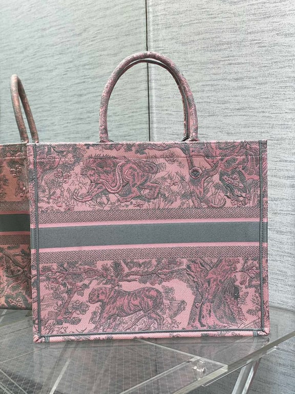 Ezyycart Bags DIR MEDIUM BOOK TOTE PINK AND GRAY TOILE DE JOUY SAUVAGE EMBROIDERY 36CM