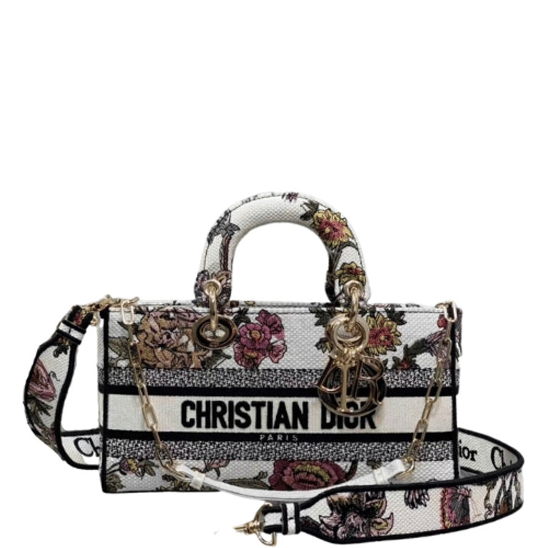Ezyycart Bags DIR LARGE LADY D-LITE BAG WHITE JARDIN BOTANIQUE EMBROIDERY 26CM
