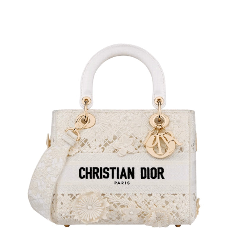 Anum Bags DIR MEDIUM LADY D-LITE BAG WHITE D-LACE EMBROIDERY WITH 3D MACRAME EFFECT 24CM
