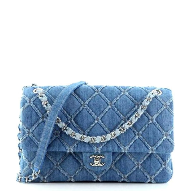 Anum Bags CHL CHAIN FLAP QUILTED DENIM JUMBO BLUE 25CM
