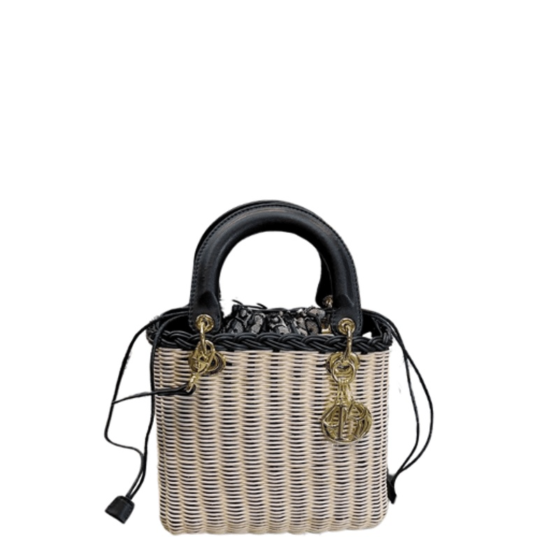 Ezyycart Bags DIR LADY 22CM NATURAL WICKER NAVY BLUE OBLIQUE JACQUARD