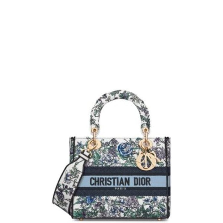 Ezyycart Bags DIR MEDIUM LADY D LITE BAG WHITE MULTICOLOR FLOWERS 24CM