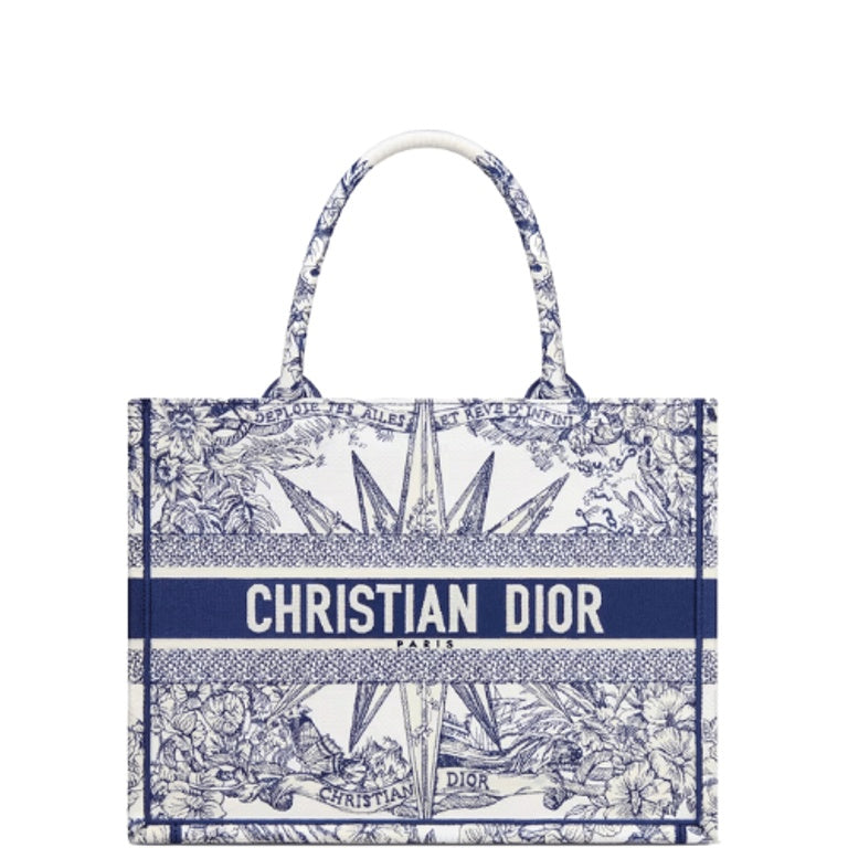 Ezyycart Bags DIR MEDIUM BOOK TOTE WHITE BLUE REEVE D'INFINI EMBROIDERY 36CM
