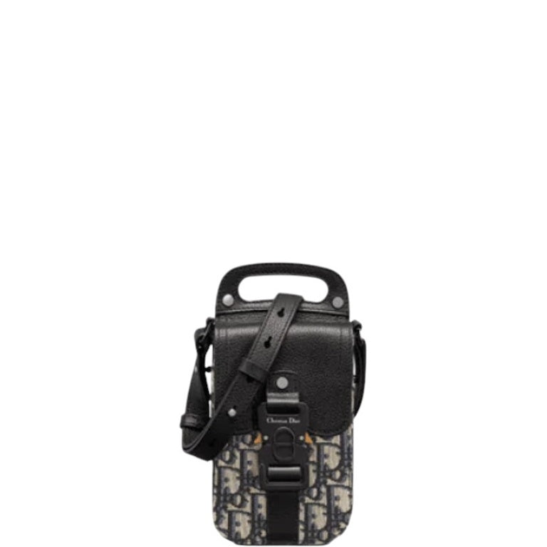 Ezyycart Bags DIR SADDLE VERTICAL POUCH WITH STRAP OBLIQUE JACQUARD BLACK GRAINED CALFSKIN 19CM HIGH QUALITY